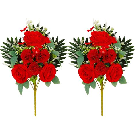 (2er-Set) Künstliche Gänseblümchen für Grabsteine, Dekorationen für die Grabreinigung und den Grabbesuch, Blumen für das Qingming-Fest, Plastikfriedhofsblumen (rot) (1/2)