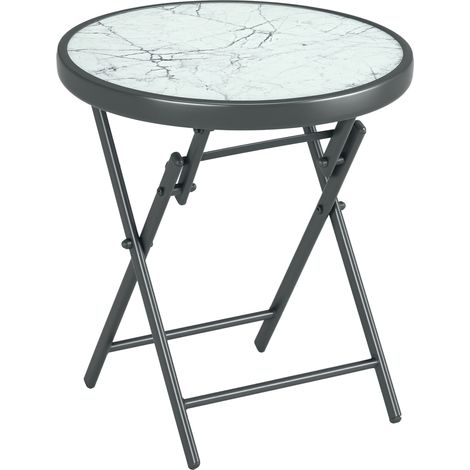 Table de jardin - Outsunny - pliante - plateau effet marbre en verre trempé, structure en métal - ronde de 45cm - blanc