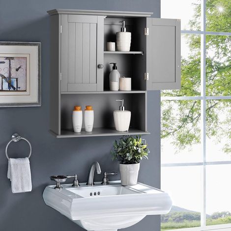 COSTWAY Haengeschrank Medizinschrank, Wandschrank mit Doppeltür, Badschrank Küchenschrank Unterschrank mit Einstellbarer Ablage, Schrank für Badezimmer Küche Eingangsbereich Grau (1/5)