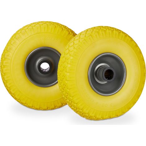Set di 4 Ruote per Carrelli a Mano, Gomma Piena Antipanne, Asse 25mm, 100 kg, max, 260x85mm, Giallo Grigio