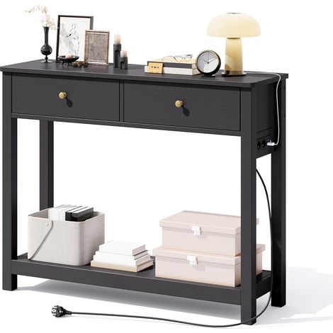Consola de Entrada Bealife Mesa de Recibidor MDF Negro con Enchufe 2 Cajone para Recibidore Dormitorio 99,99 x 29,8 x 80 cm (1/5)