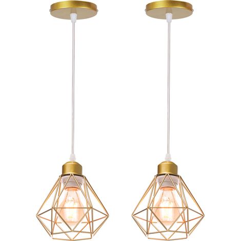 2Pcs Lámpara Colgante Industrial E27 Jaula de Diamantes Lámpara de Colgar Retro Metal Dormitorio Salón Cocina Ø16CM Oro (1/5)