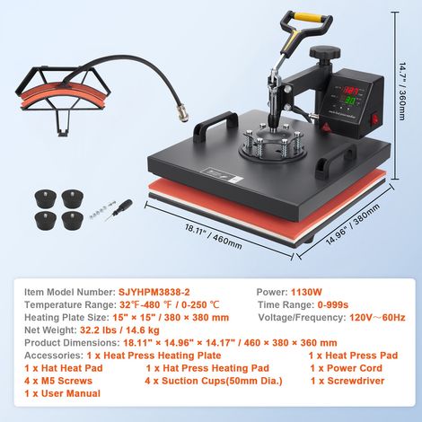 Mophorn 15x15 Inch / 38x38 cm Heat Press Maschine, 2IN1 Clamshell Sublimation Transfer Drucker, Teflon-Beschichtung, digitale präzise Wärmesteuerung, Powerpress für T-Shirts Hüte Caps, schwarz