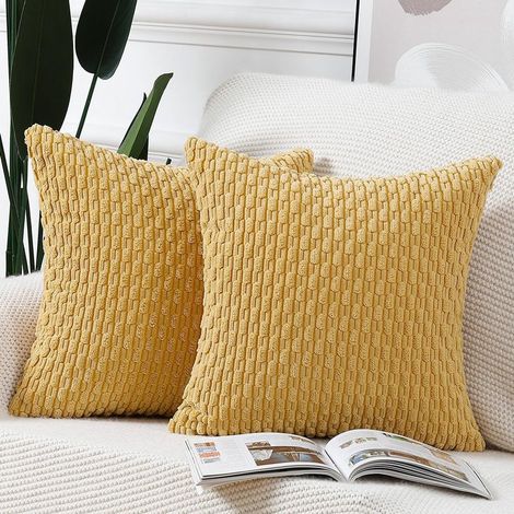 Lot de 2 taies d'oreiller en velours côtelé 40x40 cm - Housses de coussin décoratives douces pour canapé et chambre - Jaune (1/5)