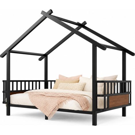 Lit enfant maison 90x200 cm en métal noir avec barrières de sécurité, toit décoratif et cadre ludique pour chambre fille ou garçon, style cabane - CHICFURN (1/5)