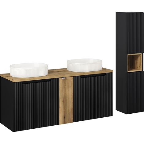 Doppelwaschtisch und Hängesäule 140cm Riva, Schwarz und Holzoptik