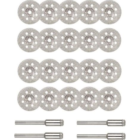 Disques de coupe diamantés, 20 mini-disques de coupe diamantés de 22 mm avec 4 tiges d'arbre pour outils rotatifs Dremel, disques de coupe pour pierres précieuses en verre-DOU