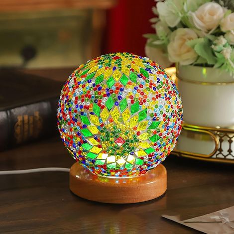 Boho vert lampe de mosaïque vintage rétro teinté turc marocain bohème Tiffany côté lit coloré verre fait à la main avec base en bois USB charge décor lumière pour chambre (1/3)