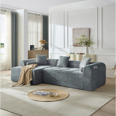 Divano angolare in chenille blu 263 cm con tasca portariviste OKMYHOME (1/5)