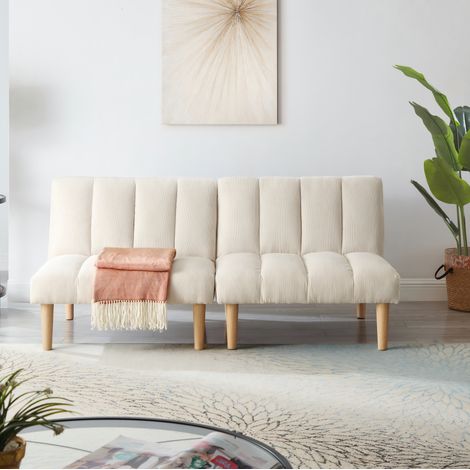 Divano letto 167 cm beige in tessuto a coste con schienale reclinabile a 3 posizioni e gambe in legno (1/5)