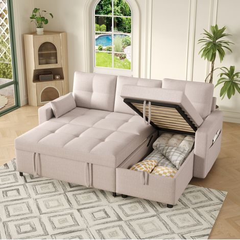 Sofá cama modular en L con gran almacenamiento beige OKMYHOME (1/5)