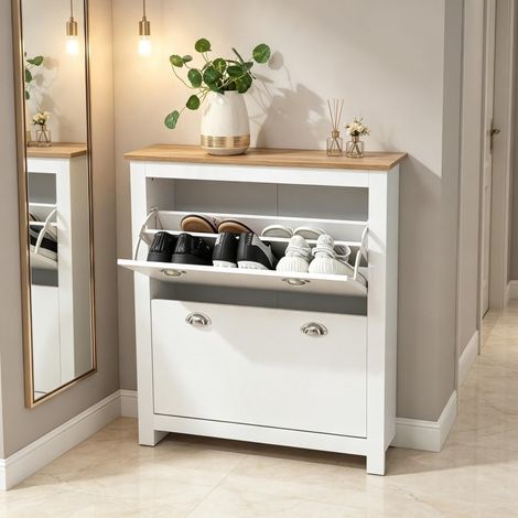 Scarpiera con 2 ante a ribalta, in MDF E1 effetto rovere e bianco, per ingresso, pratica soluzione contenitore, 79x23x90,5 cm (1/5)