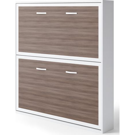 Lit superposé escamotable avec bureau MELINA – Conception renforcée Sans matelas Blanc-90x180-Cadre Blanc-Façade Chêne brun (1/5)