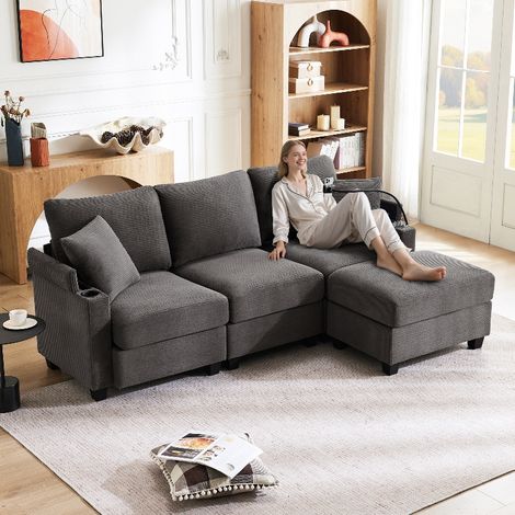 Ecksofa L-Form 3-Sitzer mit Hocker und USB-Anschluss, Multifunktionssofa aus Cord mit Getränkehalter und Stauraum, 213x139 cm, Dunkelgrau (1/5)