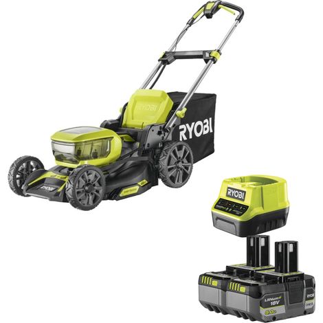 Ryobi – Tondeuse à gazon sans balais 18V ONE+ – Moteur Brushless – Largeur de coupe 46 cm – 2 batteries 18V 5Ah – Sac de ramassage 55L (1/5)