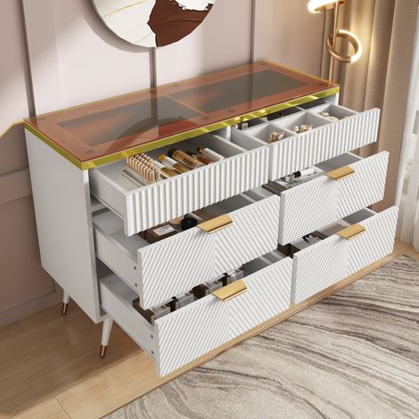 meuble rangement 6 tiroirs verre blanc 120 cm OKMYHOME (1/5)