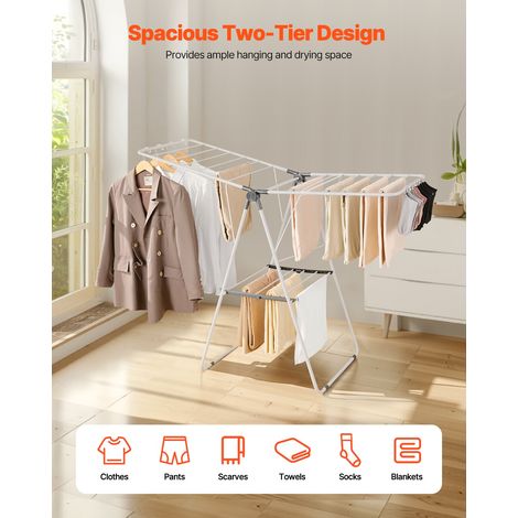 Étendoir à Linge Pliable, Séchoir à Linge sur Pied à 2 Niveaux, avec Pinces à Chaussettes et 21 Barres de Séchage, en Métal, Stable… (1/5)