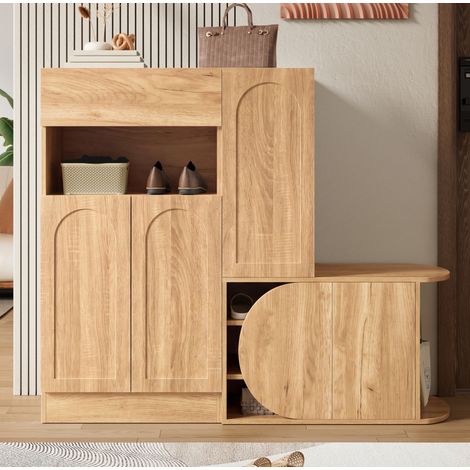 Meuble à chaussures 5 portes, 130x35x110,5 cm, avec banc, 1 tiroir et niche ouverte, en MDF, naturel (1/5)