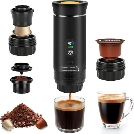Machine à Café Portable, 3 En 1 Cafetiere Portable, 12V Expresso Cafetière Rechargeable Affichage compatible avec Capsules et café mouluavec USB-C Pour Le Camping, Bureau, Maison, Voiture (Noir (1/5)