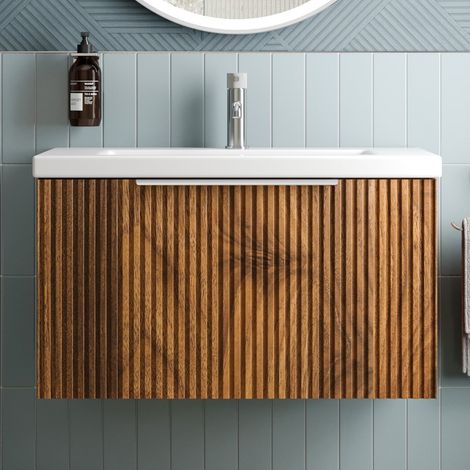 Fluted 800mm Bathroom Vanity Unit Basin Wall Hung Cupboard Soft Close Walnut (1/5)