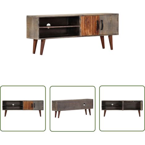 The Living Store Meuble TV Gris 130x30x46 cm Bois massif de manguier brut - Meuble Tv - Meuble Televison - Meuble Salon - Mobilier - Bois Massif (1/5)