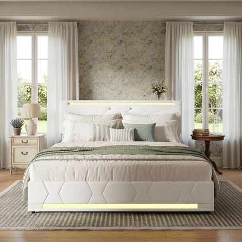 Letto contenitore 160x200 con rete a doghe, illuminazione LED, 2 porte USB e 1 Type-C, letto matrimoniale per adulti con testiera regolabile, tessuto in lino, stile scandinavo, Beige