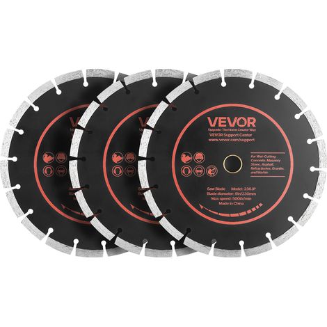 VEVOR Disco de Corte de Diamante 230 mm, Juego de 3 Piezas, Disco para Rozadora de Pared con Segmentos 2 mm, Eje 22,2 mm para Cableado Hormigón Ladrillo Tuberías y Mampostería, Núcleo de acero 65Mn (1/5)