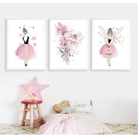 Lot De 3 Affiches Fille Chambre D'enfant Rose Tableaux Décorations Murales Peinture Sur Toile Cadeaux Anniversaire,70x50cm (1/4)
