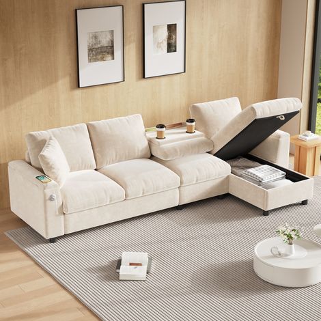 Canapé d'angle moderne en L - 2 porte-gobelets - 1 port USB et 1 port Type-C - 2 accoudoirs de rangement - Tissu chenille - Beige (1/5)
