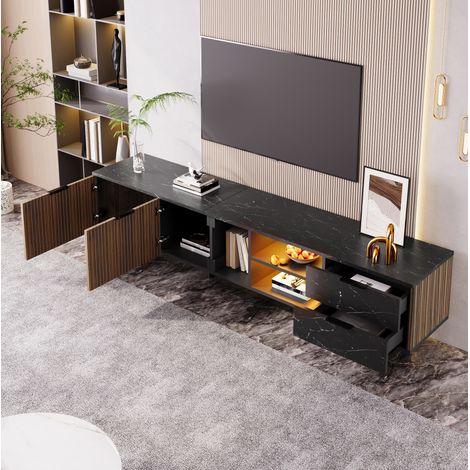 Mueble TV 200x38x50 cm negro y madera en MDF con LED multicolor y 2 puertas 2 cajones (1/5)