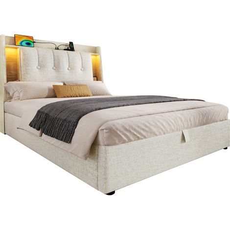 Letto contenitore imbottito 90 x 200 cm in lino beige con LED, USB e USB-C, senza materasso (1/5)