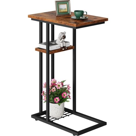 Table d’appoint Basse Bout de Canapé, Forme C à 2 Étages, Rangement, Structure en Métal, Style Industriel pour Salon, Chambre, Balcon, Bureau, 40 x 26 x 61.5 CM, Marron et Noir HST004H (1/5)