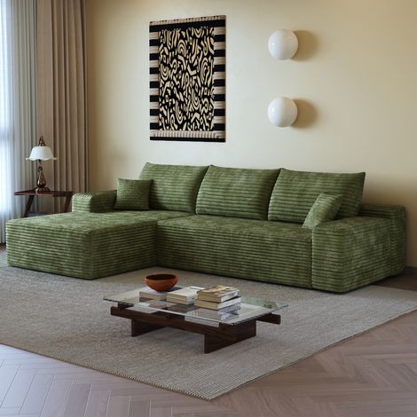 Divano angolare modulare 270x175 cm con chaise longue, non richiede montaggio, seduta profonda, tessuto verde (1/5)
