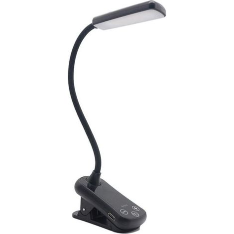 Lampe de Bureau Pince LED Rechargeable 3 Températures de Couleur 8 Niveaux Lumière sans Éblouissement USB Col de Cygne 360° Noir (1/4)