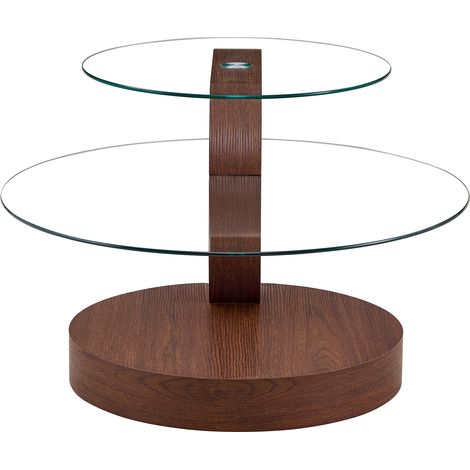 Tavolino da caffè moderno a 2 livelli in vetro temperato, MDF effetto noce, 90 cm (1/5)