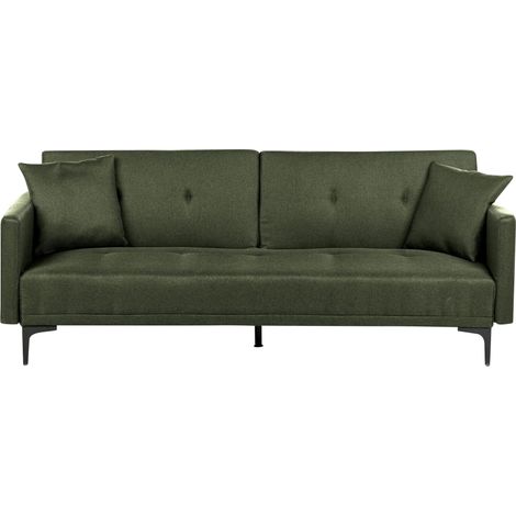 Divano letto moderno in tessuto verde scuro a 3 posti con schienale con bottoni gambe nero Lucan