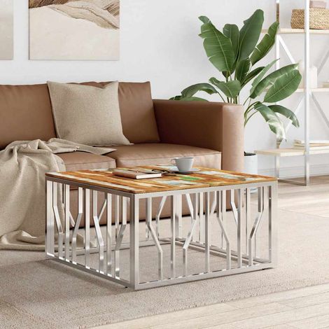 vidaXL Table basse argenté acier inoxydable/bois massif récupération (1/5)