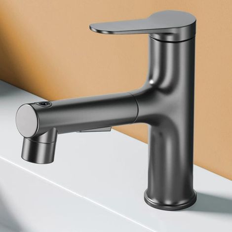 (gris) Robinet de salle de bain extractible, robinet de salle de bain extractible à 3 modes, robinet de lavabo monotrou, poignée unique en laiton pour eau chaude et froide, robinet de lavabo (1/5)