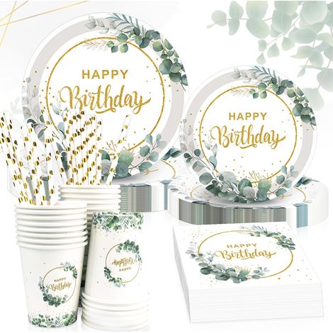 Disposable Birthday Tableware, 120 PCS Eucalyptus Birthday Decoration Plate Set 25 Guests (1/5)