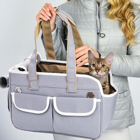 Cage souple pliable pour chat, capacité de 6,8 kg, certifiée pour le transport aérien, bandoulière, ouverture par le haut en filet. (1/4)