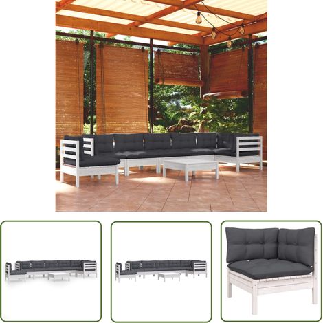 The Living Store Salon de jardin 9 pcs avec coussins blanc bois de pin massif - Salon De Jardin - Mobilier De Jardin - Ensemble Salon De Patio - Meubles De Jardin - Set Salon De Jardin (1/5)