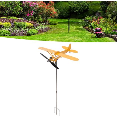 Molino de viento decorativo Piper J3 Cub con forma de avión, fabricado en metal con pintura anticorrosiva para jardín, patio o balcón apto para uso interior y exterior. (1/5)
