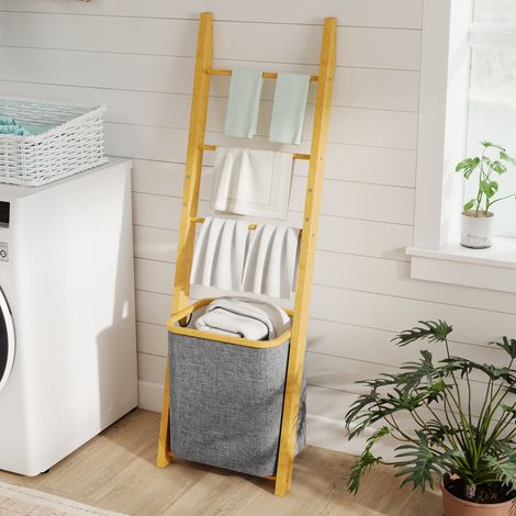 Porte-serviettes bambou avec panier à linge, échelle porte-serviettes avec 1 panier à linge, gris, 43 x 35 x 133 centimètres