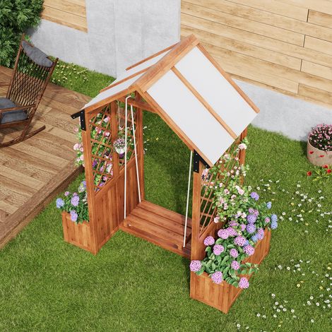 Jardinière avec support pour plantes grimpantes, balancelle d'extérieur et pare-soleil en polycarbonate. Jardinière en bois massif brun, idéale pour le jardin, la cour et la terrasse. (1/5)