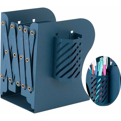 Verstellbare Buchstützen aus Metall, dekorativer, verstellbarer Bücherregal-Organizer aus Metall mit Stifthalter für Zuhause, Büro, Schule, Bibliothek, Blau (1/4)