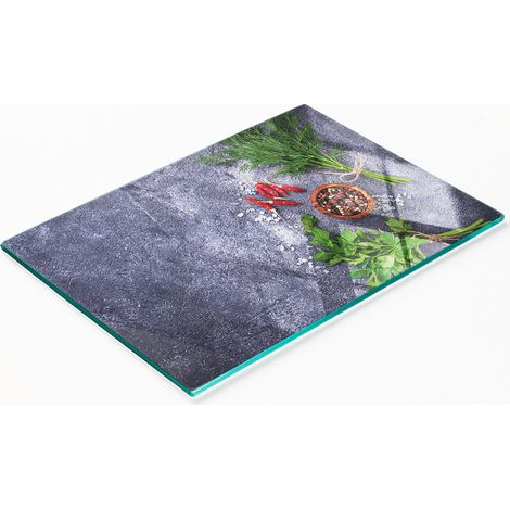 Elegante y resistente tabla de cristal con estampado de hierbas y especias, 80x52 cm. (1/5)