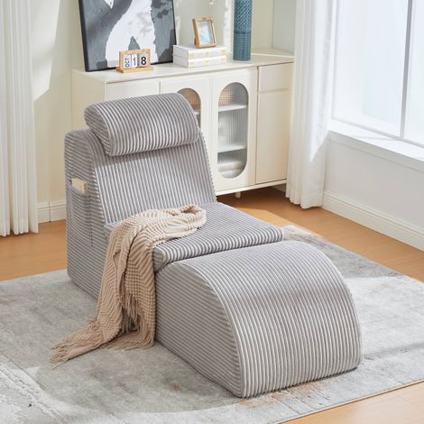Fauteuil relax gris clair en velours côtelé, fauteuil lounge ergonomique avec coussin amovible, poche latérale, mousse haute résilience, salon chambre (1/5)