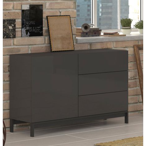 Credenza con piedi 1 Anta + 3 Cassetti 110x40x73 cm Metis Antracite Lucido (1/2)