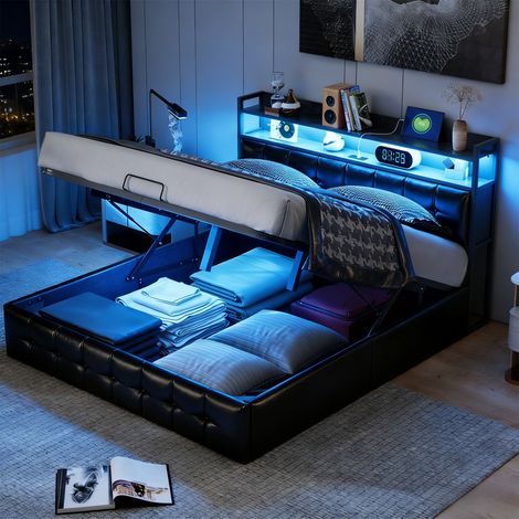 Lit coffre double adulte 140x190 cm avec rangement hydraulique, tête de lit avec rangement, ports USB, éclairage LED, similicuir noir