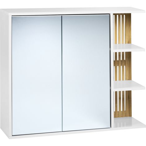 Armario de baño montado con espejo de bambú MDF estantes de almacenaje muebles de baño blanco y madera clara Nubes